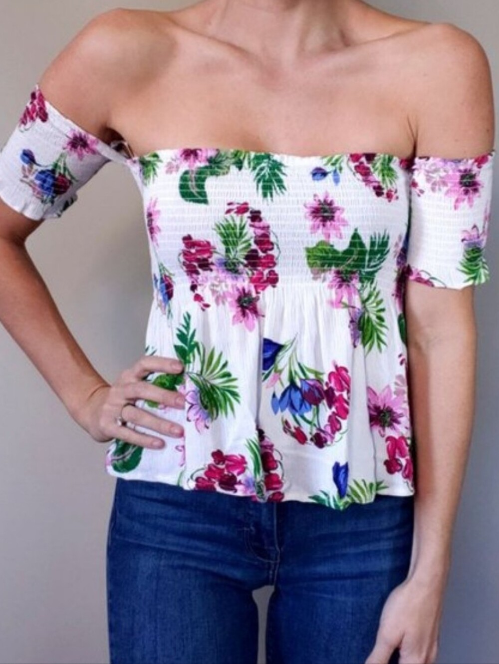 Off-Shoulder Floral Smocked Peplum Top - White/Pink